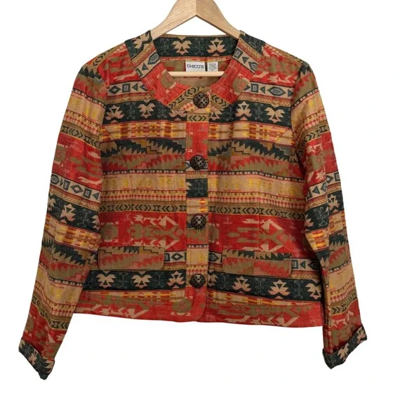 Chico's Southwestern Tapestry Button Front Jacket Womens Size 1 M Red Silk Blend - Picture 2 of 9